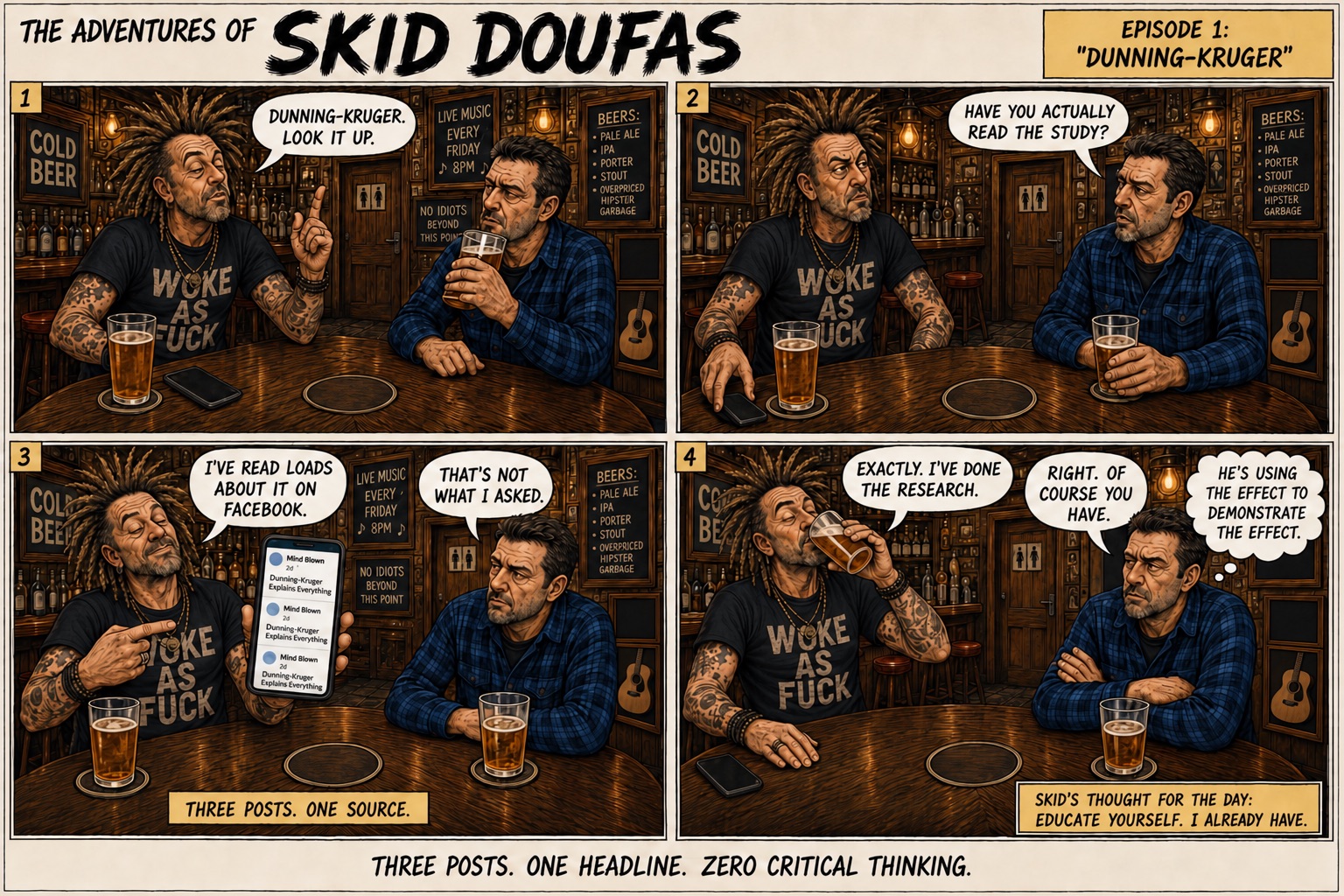 Episode 1, Dunning–Kruger, a four-panel Skid Doufas comic featuring Skid and Stan at their usual pub table